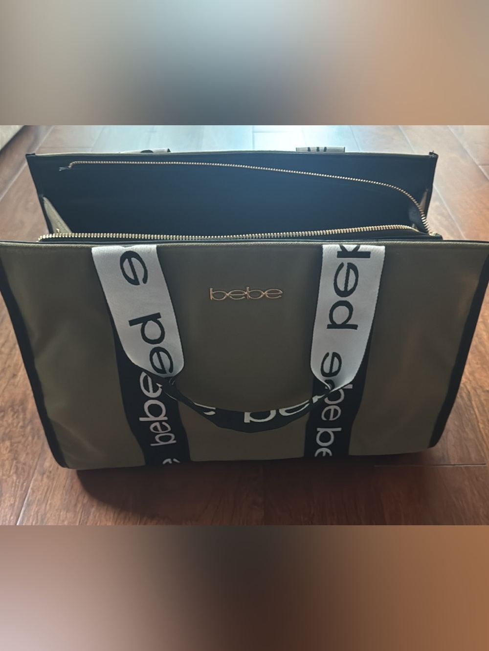 bebe Olive Green Tote with Logo Straps